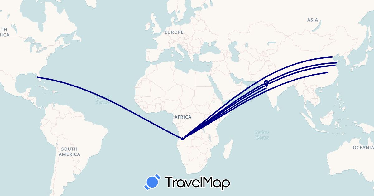 TravelMap itinerary: driving in Angola, China, India, United States (Africa, Asia, North America)