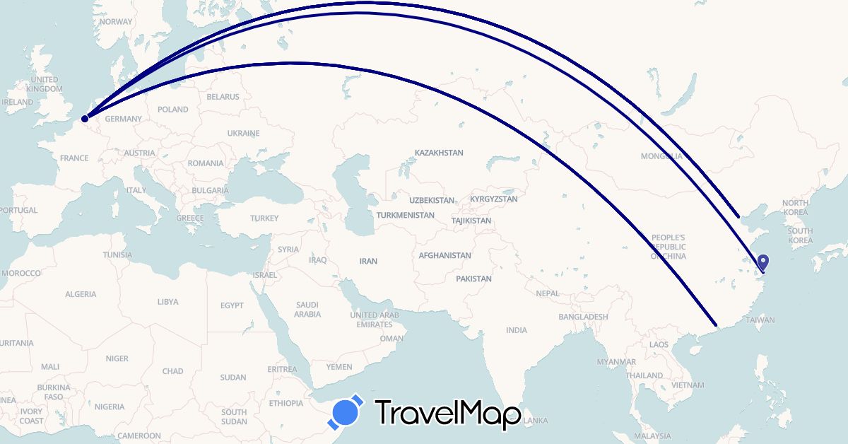 TravelMap itinerary: driving in Belgium, China (Asia, Europe)