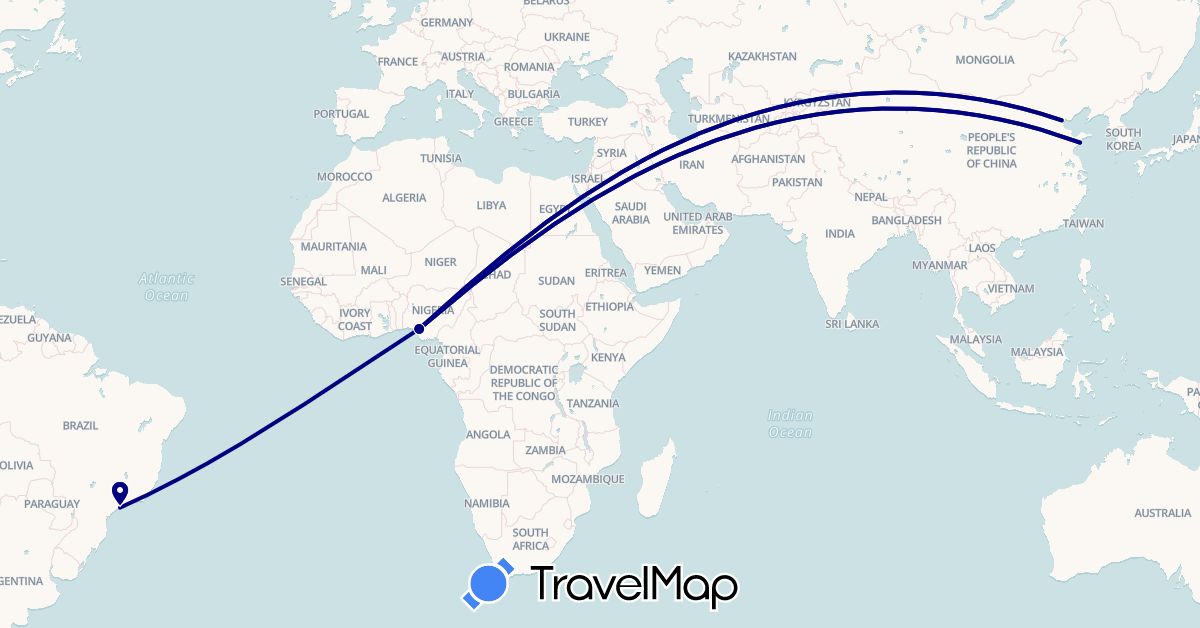 TravelMap itinerary: driving in Brazil, China, Nigeria (Africa, Asia, South America)