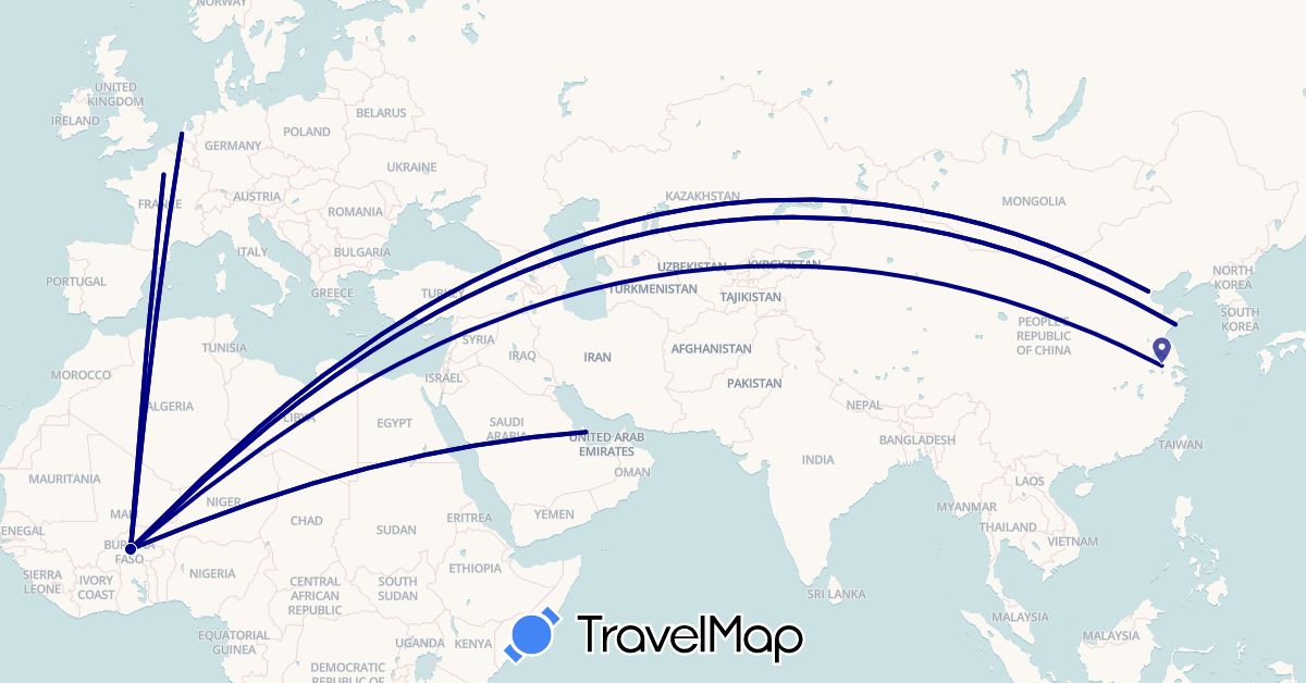 TravelMap itinerary: driving in Burkina Faso, China, France, Netherlands, Qatar (Africa, Asia, Europe)