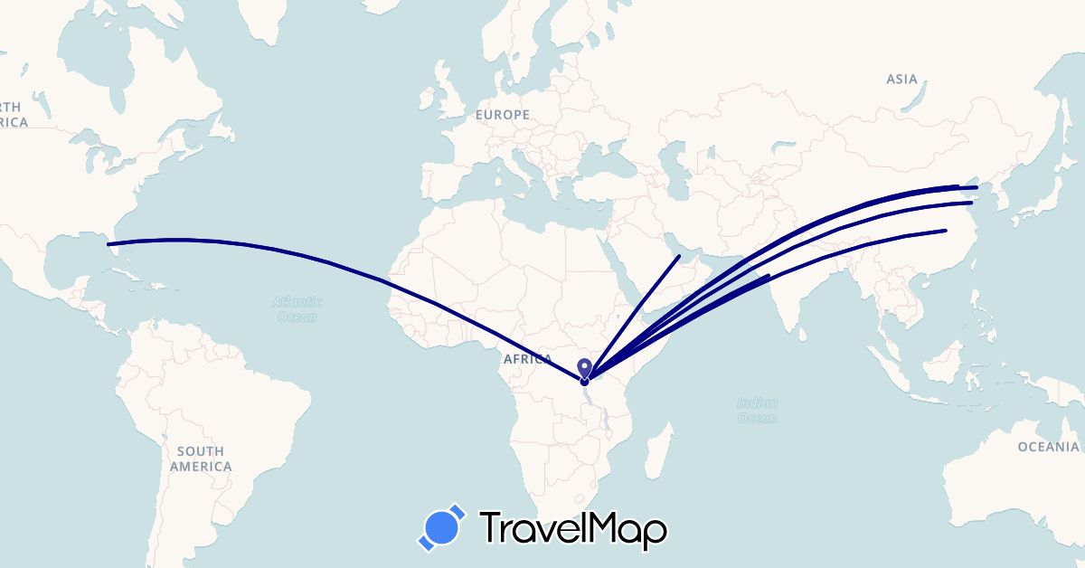 TravelMap itinerary: driving in Burundi, China, India, Qatar, United States (Africa, Asia, North America)