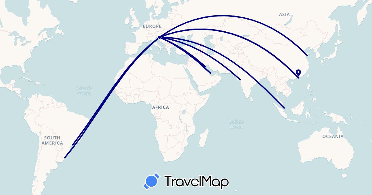 TravelMap itinerary: driving in Brazil, China, India, Kuwait, Malaysia, Qatar, Saudi Arabia, Slovenia (Asia, Europe, South America)