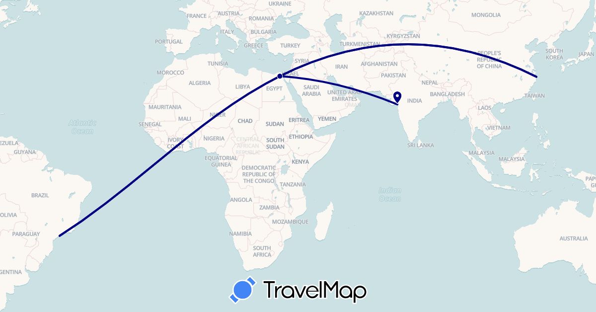 TravelMap itinerary: driving in Brazil, China, Egypt, India (Africa, Asia, South America)
