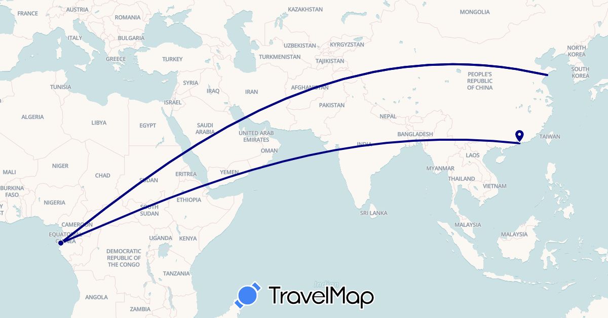 TravelMap itinerary: driving in China, Gabon (Africa, Asia)