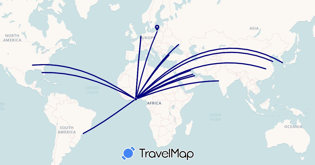 TravelMap itinerary: driving in Belgium, Brazil, China, Ghana, India, South Korea, Kuwait, Netherlands, Poland, Qatar, Saudi Arabia, Turkey, Ukraine, United States (Africa, Asia, Europe, North America, South America)