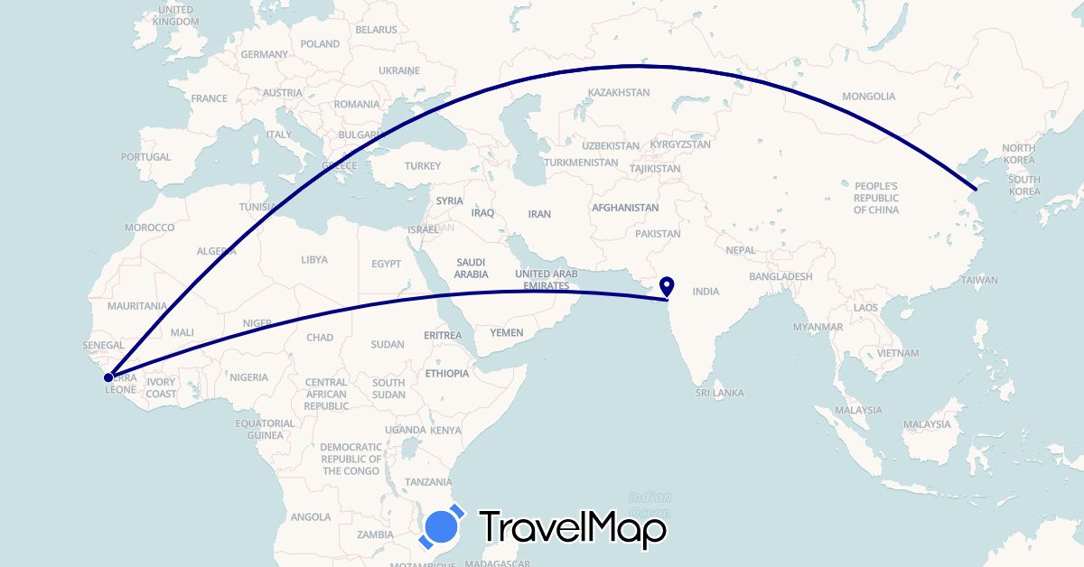 TravelMap itinerary: driving in China, Guinea, India (Africa, Asia)