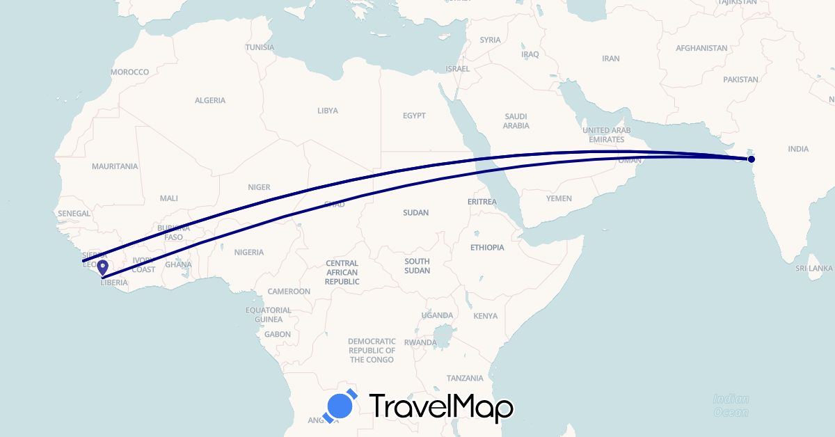 TravelMap itinerary: driving in India, Liberia, Sierra Leone (Africa, Asia)