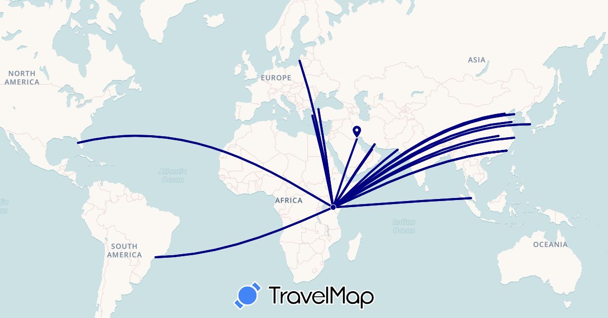 TravelMap itinerary: driving in United Arab Emirates, Brazil, China, Iran, Kenya, South Korea, Kuwait, Lithuania, Malaysia, Pakistan, Turkey, United States (Africa, Asia, Europe, North America, South America)