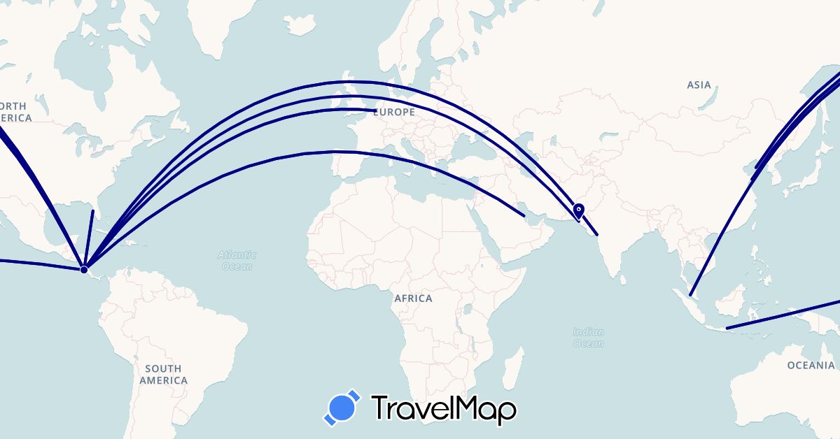 TravelMap itinerary: driving in Belgium, China, Costa Rica, Indonesia, India, Malaysia, Pakistan, Saudi Arabia, United States (Asia, Europe, North America)