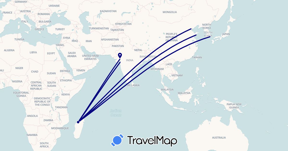 TravelMap itinerary: driving in China, India, South Korea, Madagascar (Africa, Asia)