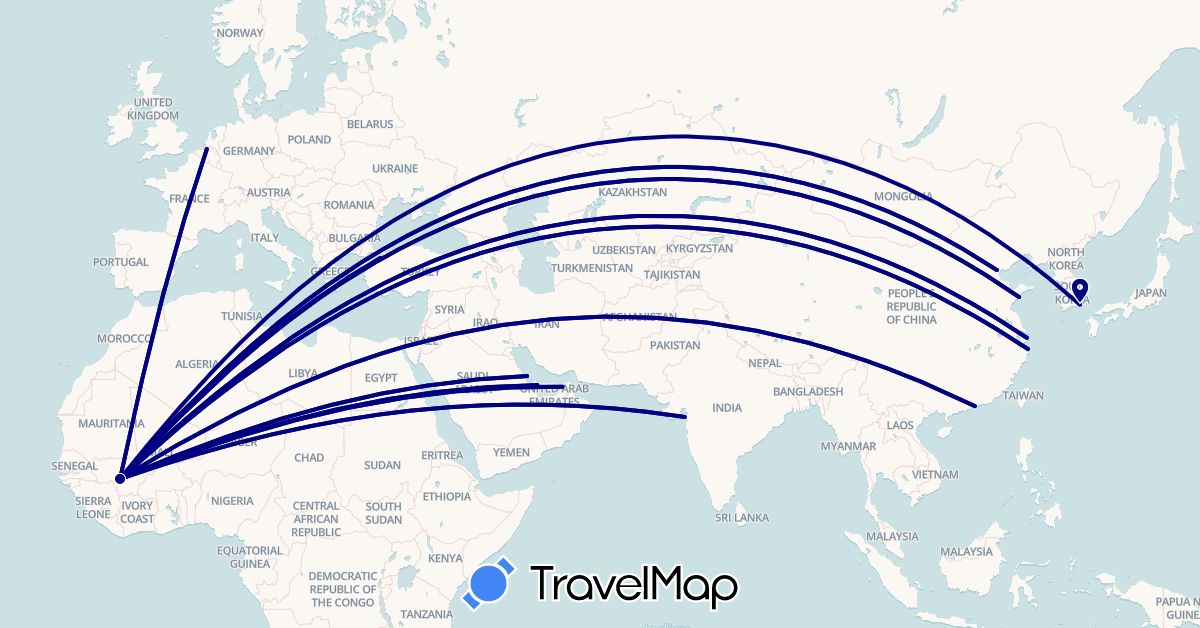TravelMap itinerary: driving in United Arab Emirates, Belgium, China, India, South Korea, Mali, Qatar, Saudi Arabia, Turkey (Africa, Asia, Europe)