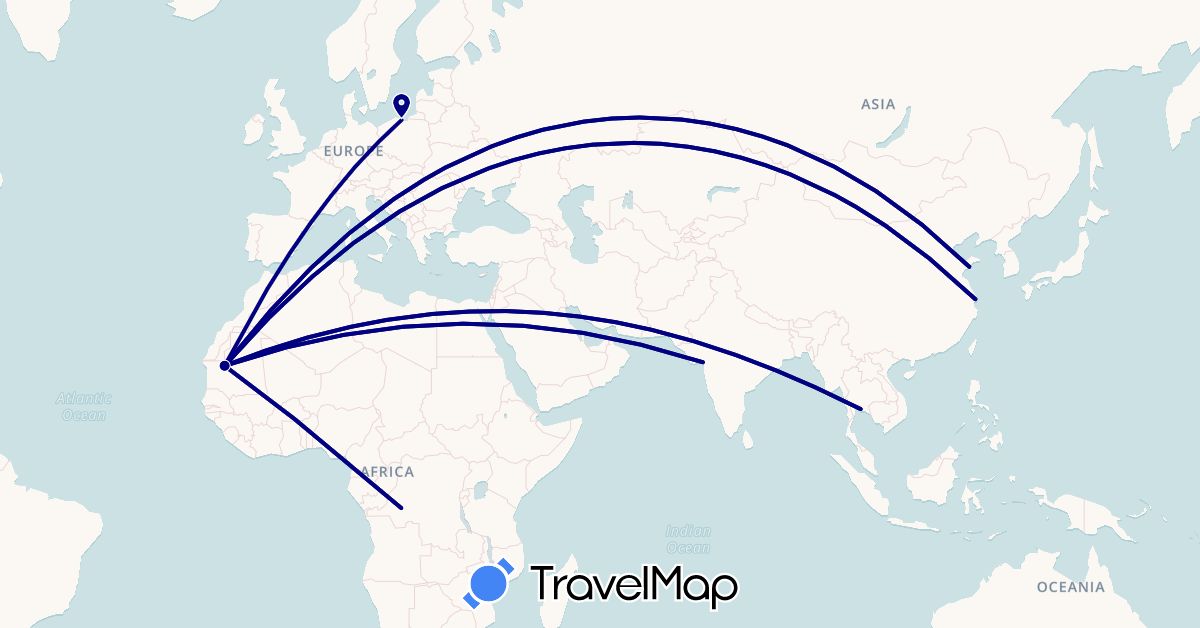TravelMap itinerary: driving in Democratic Republic of the Congo, China, India, Mauritania, Poland, Thailand (Africa, Asia, Europe)