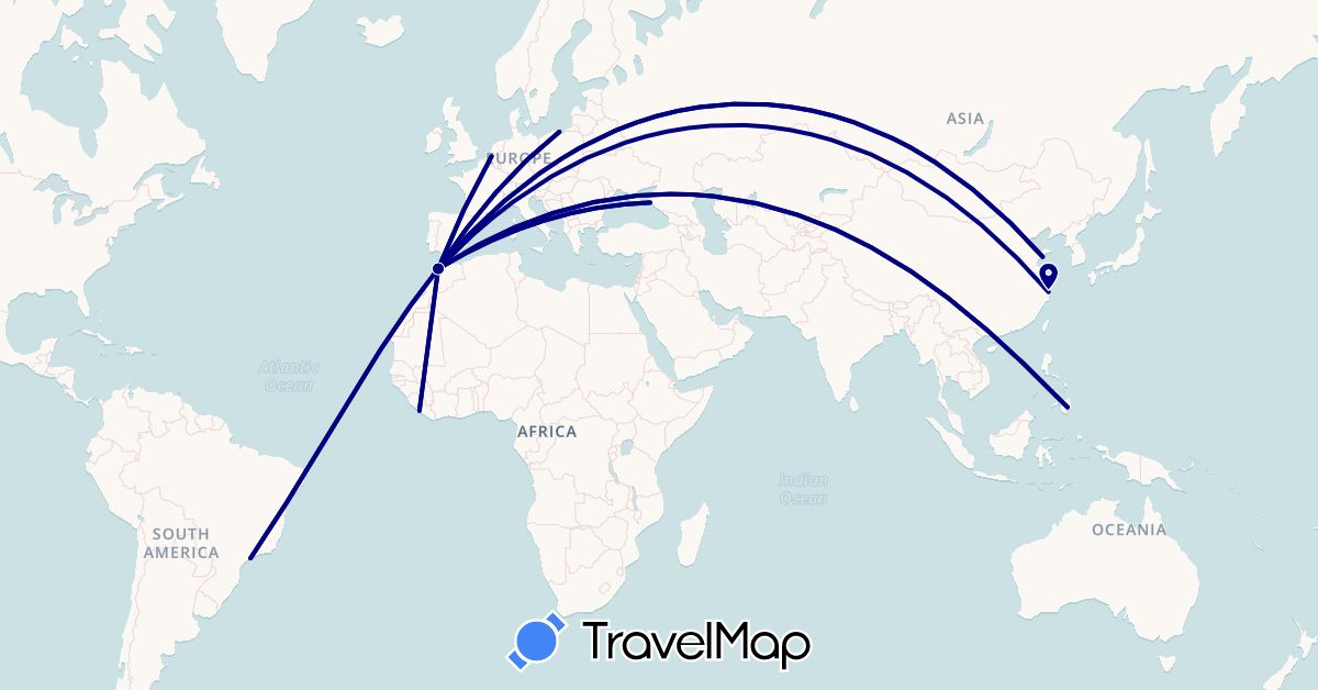 TravelMap itinerary: driving in Belgium, Brazil, China, Liberia, Morocco, Philippines, Poland, Russia (Africa, Asia, Europe, South America)