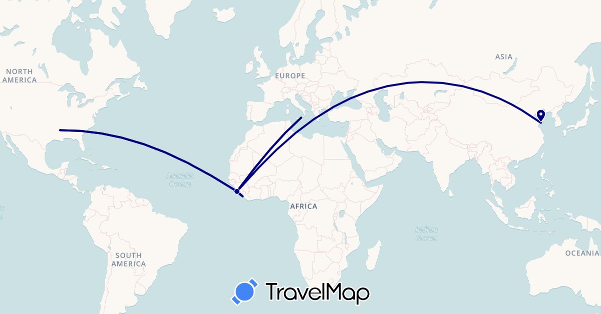 TravelMap itinerary: driving in China, Italy, Liberia, Sierra Leone, United States (Africa, Asia, Europe, North America)