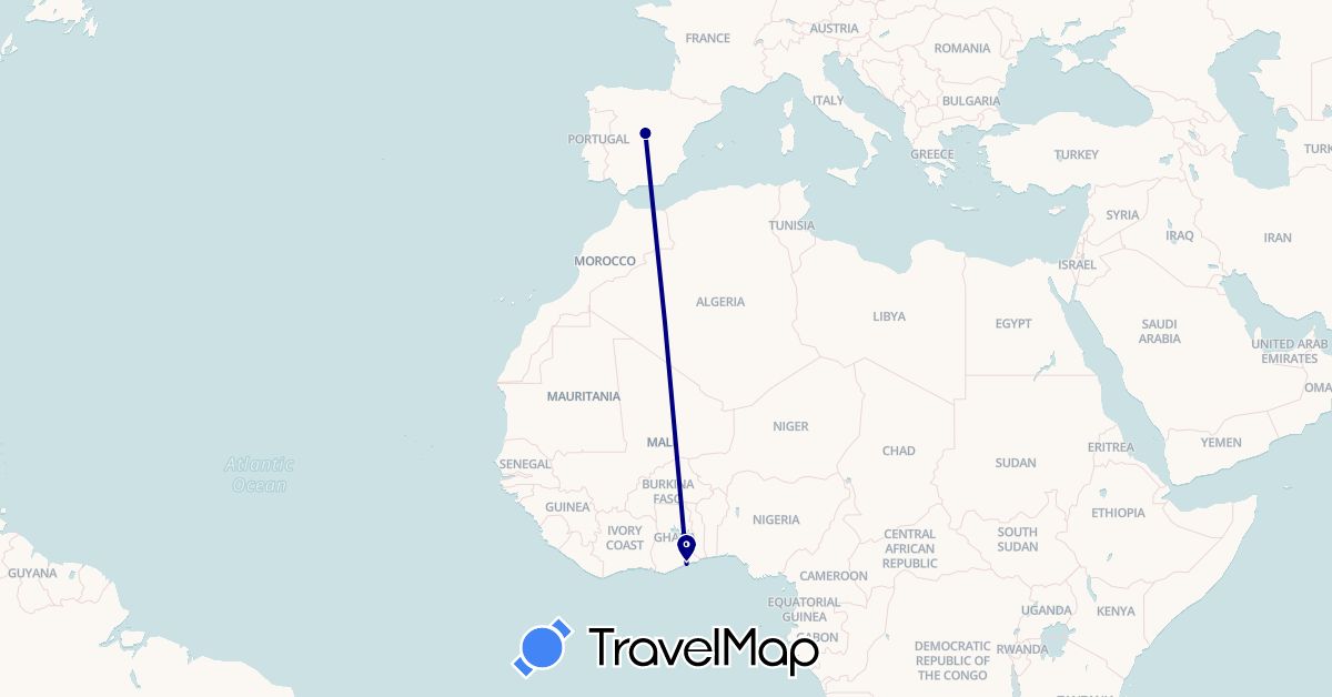 TravelMap itinerary: driving in Spain, Ghana (Africa, Europe)