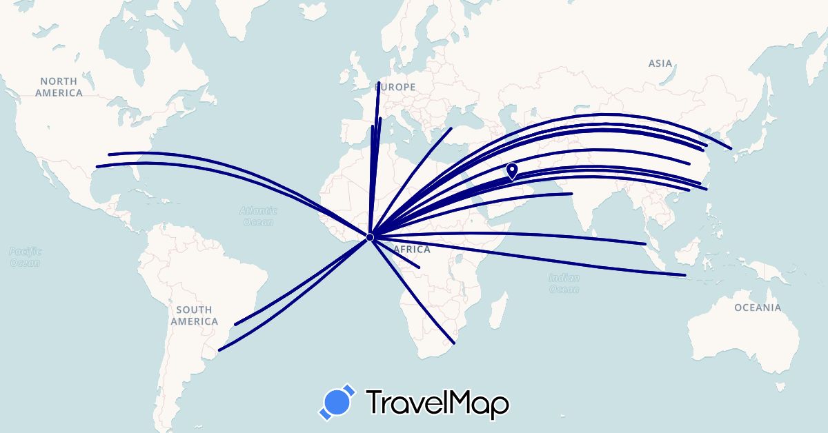 TravelMap itinerary: driving in Belgium, Brazil, Democratic Republic of the Congo, China, Spain, France, Indonesia, India, South Korea, Netherlands, Qatar, Togo, Turkey, Taiwan, United States, South Africa (Africa, Asia, Europe, North America, South America)