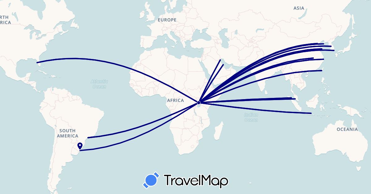 TravelMap itinerary: driving in Brazil, China, Indonesia, India, South Korea, Kuwait, Malaysia, Pakistan, Saudi Arabia, Taiwan, Uganda, United States (Africa, Asia, North America, South America)