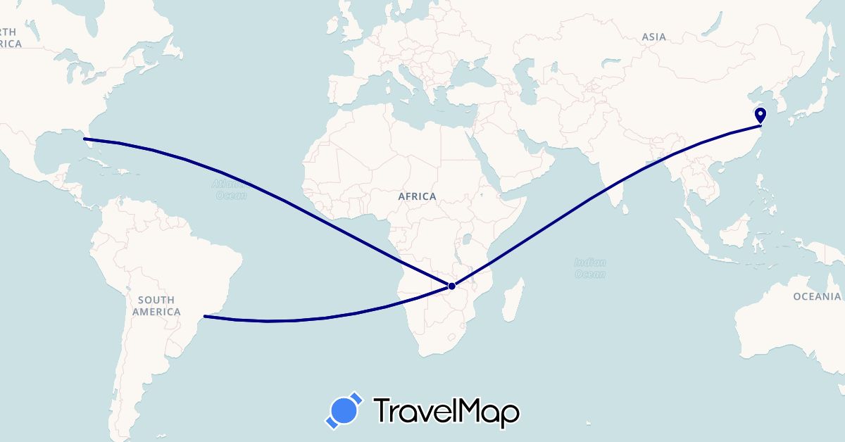 TravelMap itinerary: driving in Brazil, China, United States, Zambia (Africa, Asia, North America, South America)